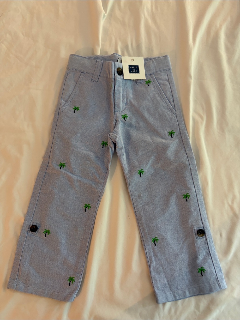 Janie and Jack Light Blue Palm Tree Embroidered Casual Pants